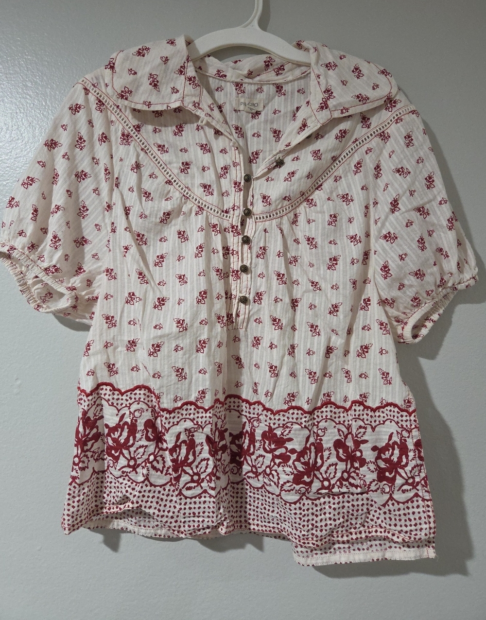 Pilcro Ivory and Red Floral Button-Front Peasant Blouse